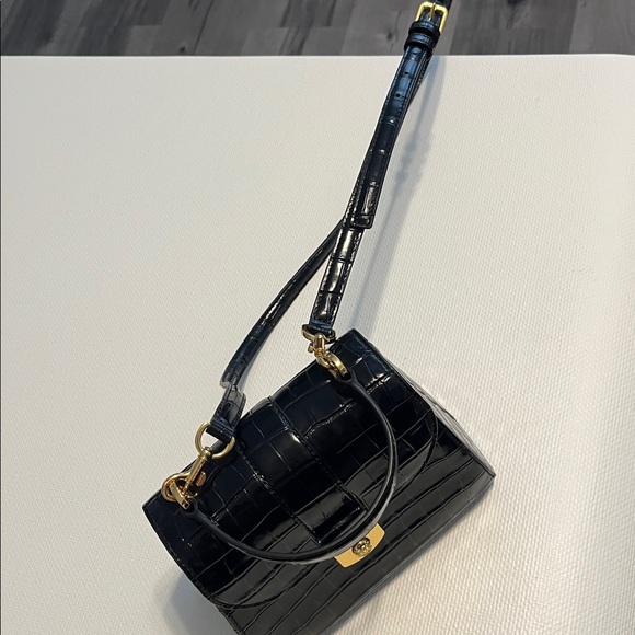 Veronica Beard Black Croc Satchel with Gold Accents - Picture 11 of 11